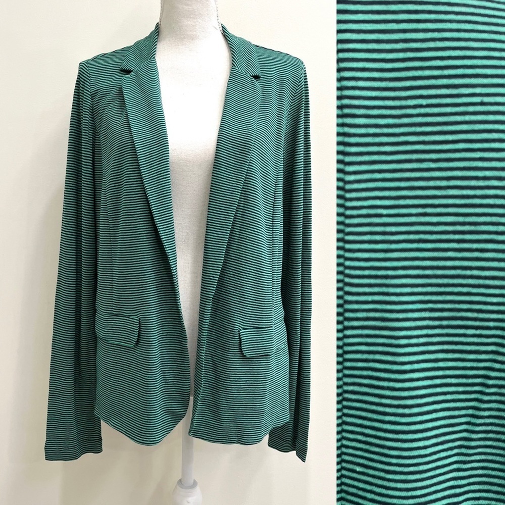 J. Jill Linen & Rayon Striped Open Front Blazer Lightweight Blue Green Small